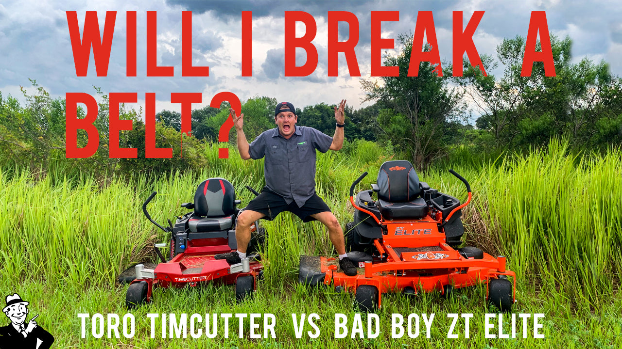 Comparison showdown between Toro Timecutter and Bad Boy ZT Elite mowers in lush field.