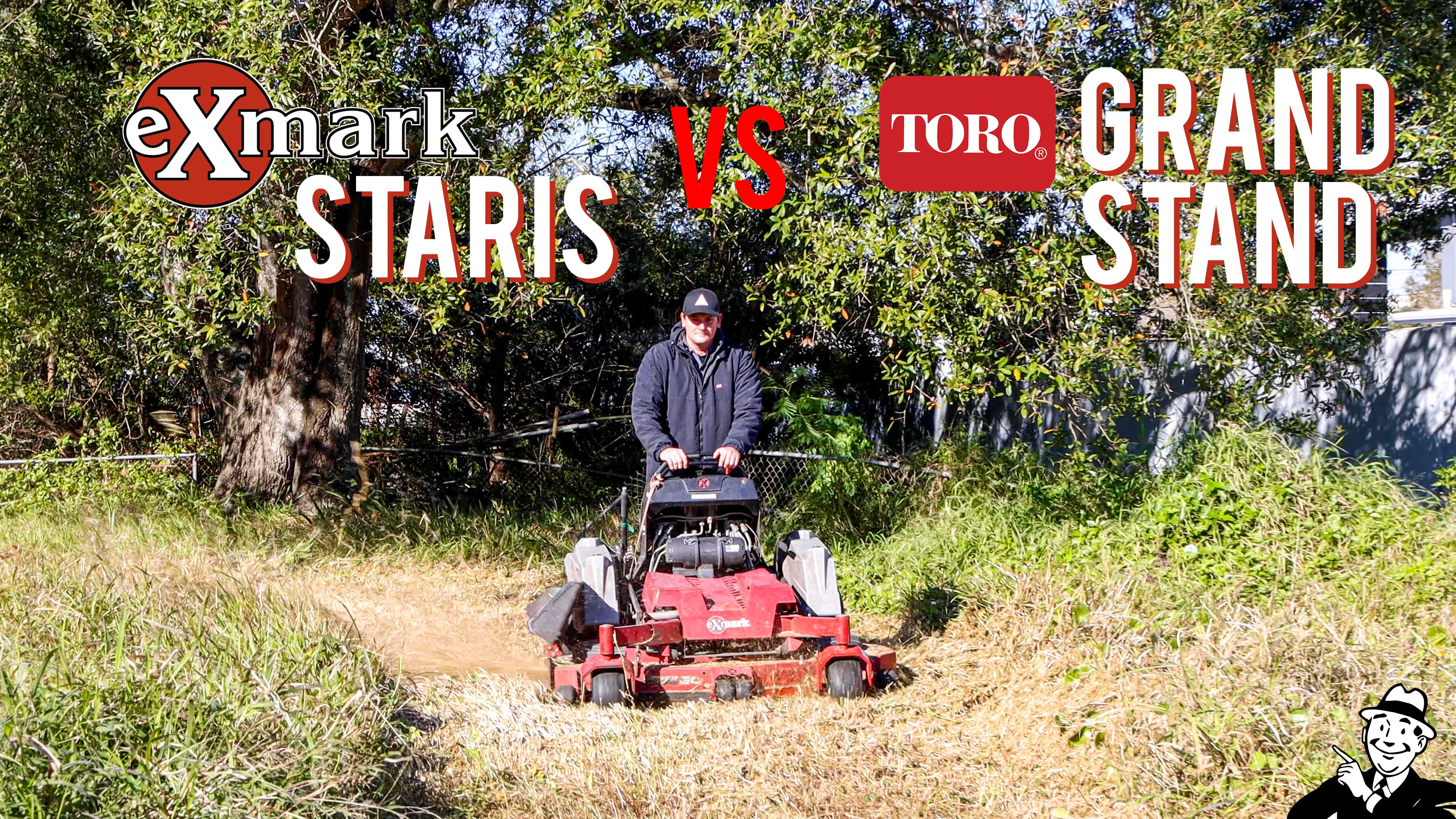 Main Street Mower's Chip tests the performance of a Toro Grand Stand mower against an Exmark Staris in a field with tall grass.