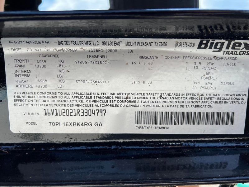 7X16 Big Tex Tandem Axle Pipe Black Utility Trailer (70PI-16XBK4RG-GA) (SOLD 8/23/23)