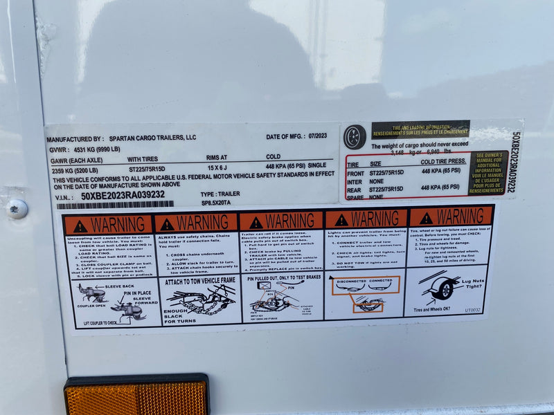 8.5X20 Spartan Tandem Axle White Cargo Enclosed Trailer (8.5X20TA3)