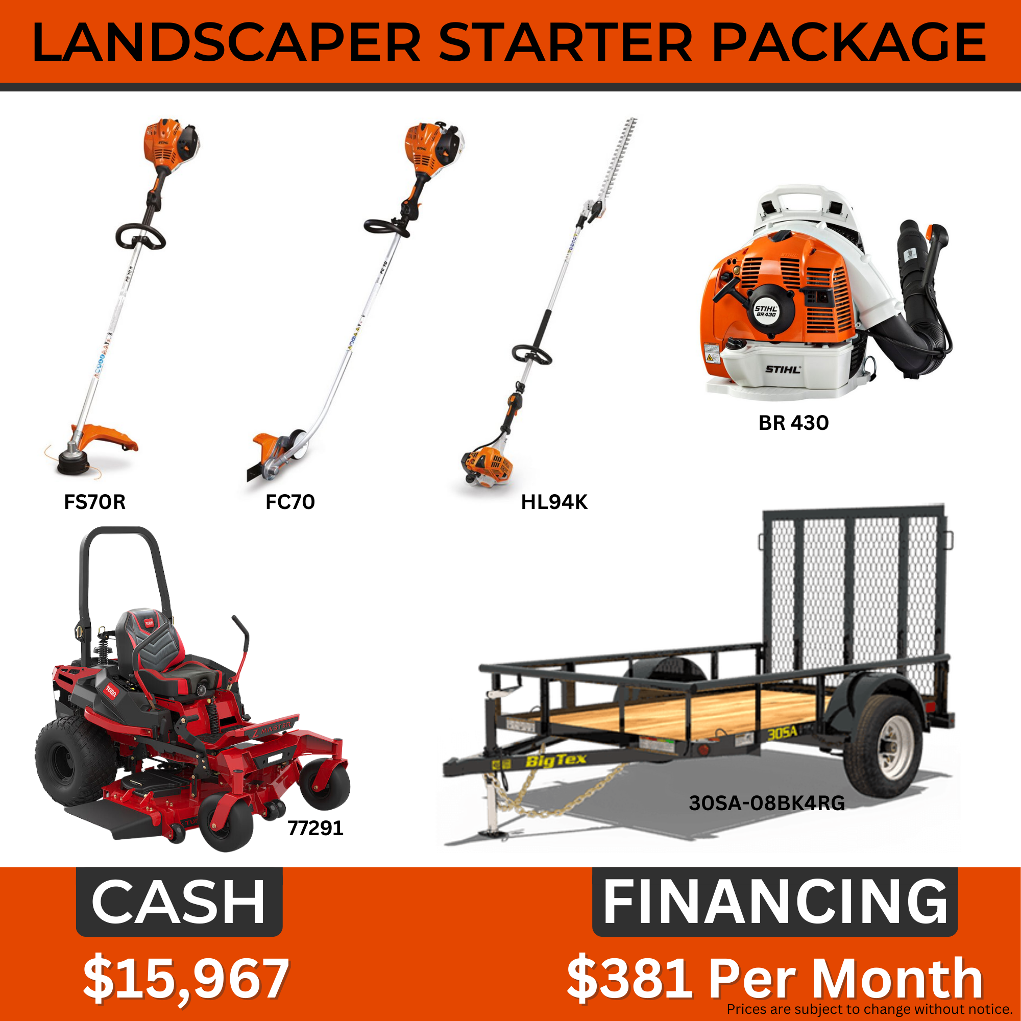 Landscape Starter Package |Mower|Trailer|Trimmer|Edger|Hedge Trimmer|Blower | Main Street Mower | Winter Garden | Clermont | Ocala